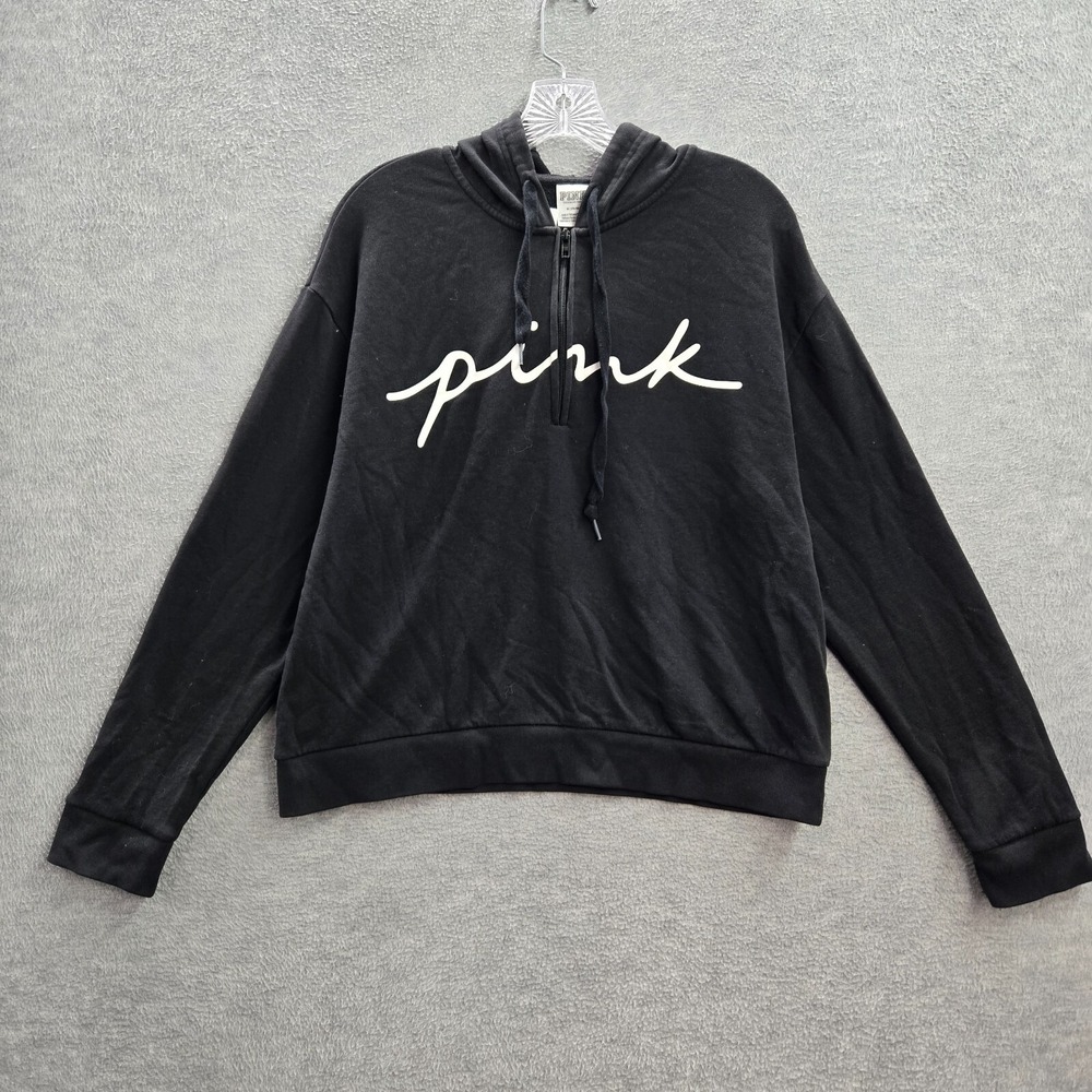 Pink Victorias Secret Women Sweatshirt Medium Black Hoodie 1/4 Zip Logo